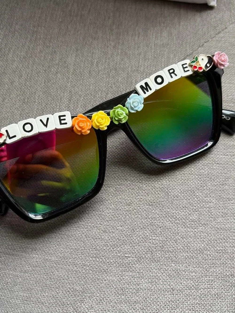 Aldo Black Sunglasses with Rainbow Lenses and Multicolor Flower Accents